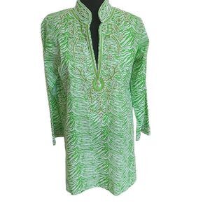 Barbara Gerwit Womens Tunic Blouse Embellished Beads Long Sleeve Green Medium